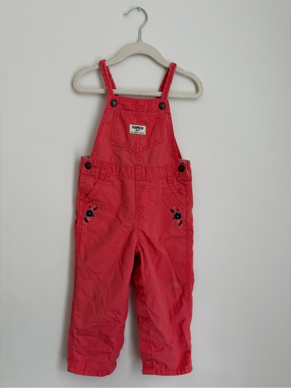 OshKosh B'gosh Coral Pink Braided-Strap Kids Overalls (Size 24m)